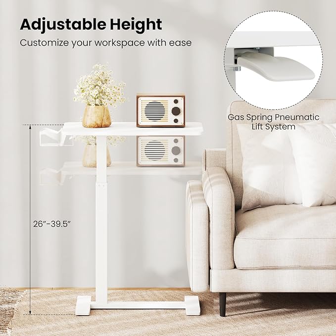 GOFLAME Rolling Standing Desk C Shaped End Table Adjustable Height with Hidden Wheels Cup Holder &amp Headphone Hook Mobile Sofa Couch Bed Side Table for Living Room Home Office (White)