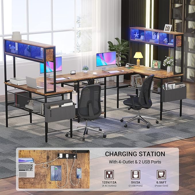 Aheaplus L Shaped Gaming Desk with LED Lights &amp Power Outlets 55 Inch L-Shaped Computer Desk with Storage Shelf &amp Monitor Stand Corner Desks 2 Person Reversible Desk Home Office Desk Rustic