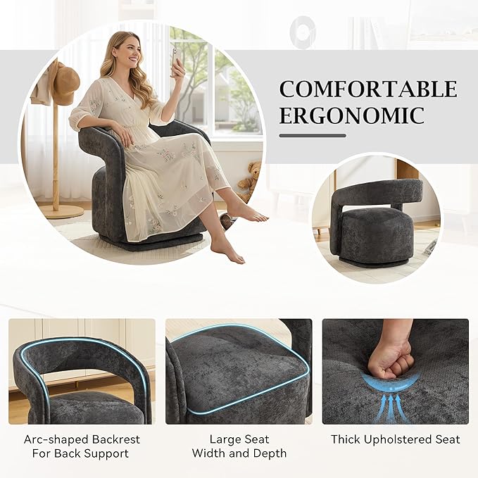 KEIKI Swivel Barrel Chair Modern Accent Chair for Office/Cafe 360° Rotation Ergonomic Design Easy Assembly Comfy Chenille Fabric