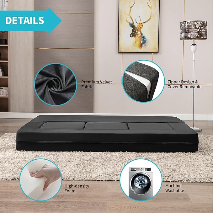 CECER 80 Convertible Floor Sofa BedFolding Sofa Bed with 3 OttomansVelvet Modular Sectional Futon SleeperFoldable Memory Foam Couch for Living Room/Guest Room/Playroom（Dark Grey）