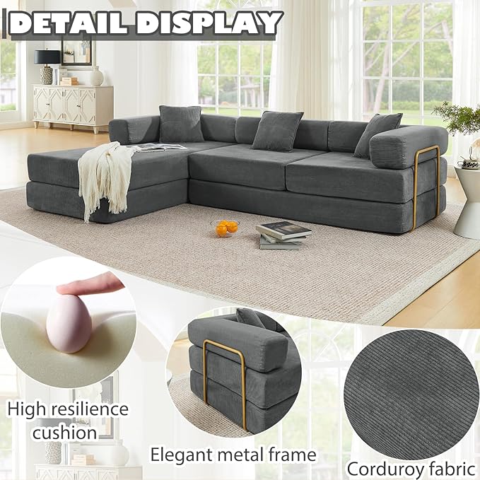 HANXIN 108 Modular Sectional Sofa Futon Convertible Sofa BedOversized Corduroy Boneless Couch for Living RoomFloor Loveseat Sleeper with Pull Out BedFree CombinationNo Assembly Required (Grey)
