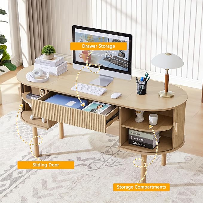 ORRD Home Office Oval Desk with Sliding Tambour Door and Drawer Modern Fluted Wood Executive Computer Storage Desk for Study Living Room Bedroom Office - Natural