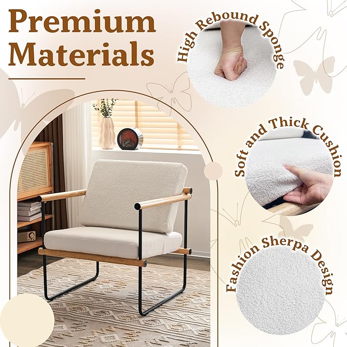 29in Boucle Fabric Accent Chair for Bedroom Modern Lounge Chair for Living Room Upholstered Reading Armchair with Metal and Wooden Arms (Natural x2)