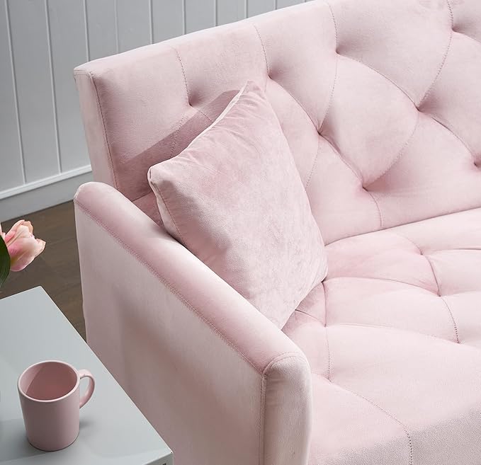 Modern Velvet Sofa Bed Futon with 2 Pillows2-in 1 Convertible Sleeper Couch BedFolding Recliner Loveseat with Golden Metal Legs for Living Room Apartment Office (Light Pink)