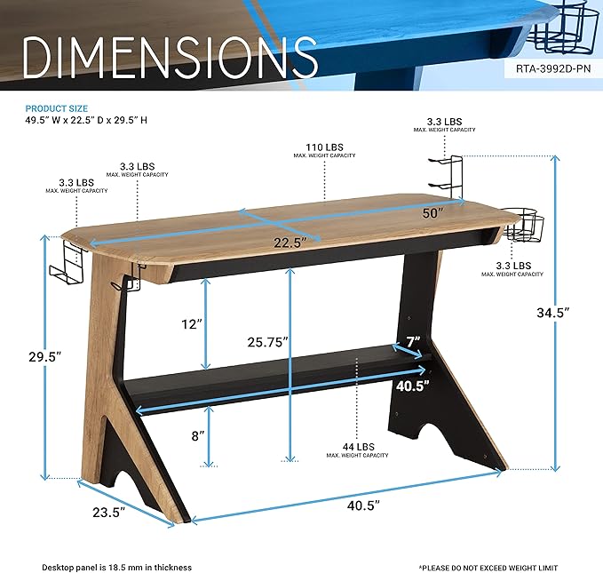 Techni Mobili Home Office Computer Writing Desk Workstation with Two Cupholders and a Headphone Hook- Pine