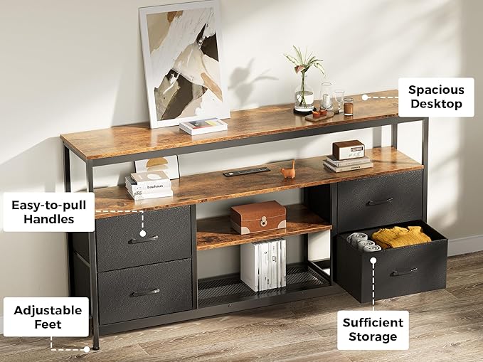 Huuger TV Stand Dresser with Power Outlets and LED Lights 4 Drawers Entertainment Center with Shelves 54 Inch Media Console for 55 60 Inch TV PU Finish Rustic Brown and Black