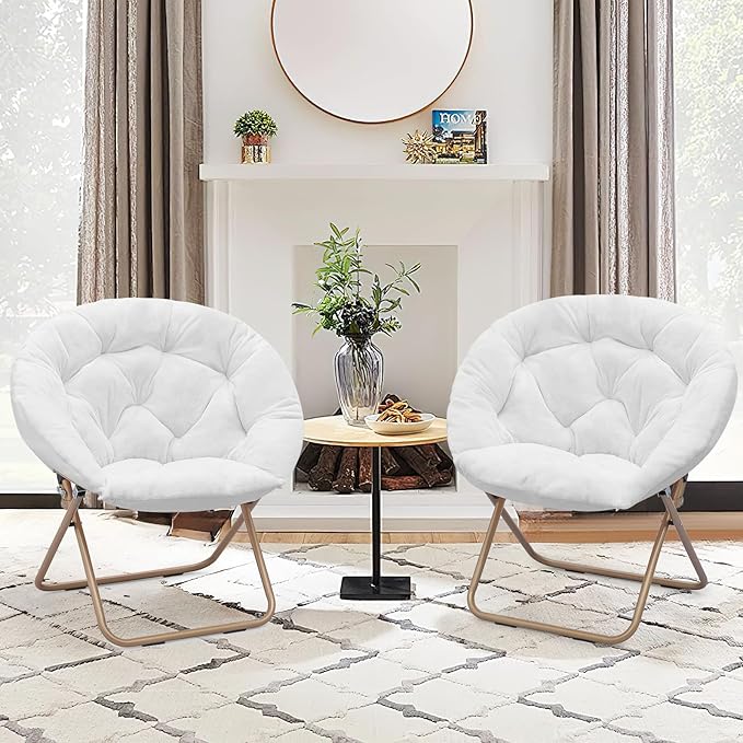 Foldable Oversized Moon Chairs Set of 2 Large Soft Lazy Cozy Comfortable Faux Fur Round Saucer Moon Chairs Set of 2 for Teens and Adults White