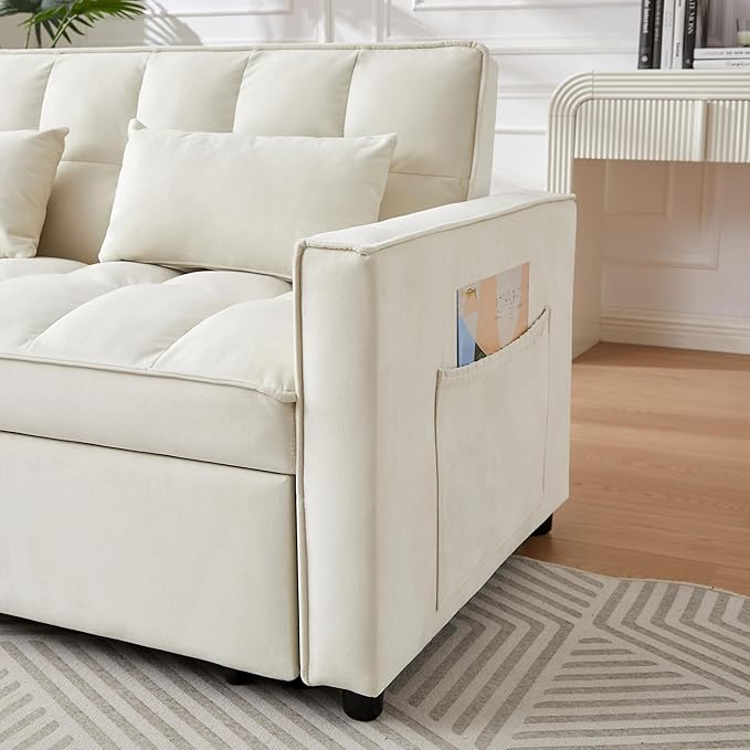 3 in 1 Convertible Sleeper Sofa Bed 54'' Full Size Velvet Pull Out Futon Couch Recliner with Reclining Backrest &amp 2 Pillows Small Loveseat Lounge Couches for Small Spaces (Silver Grey)