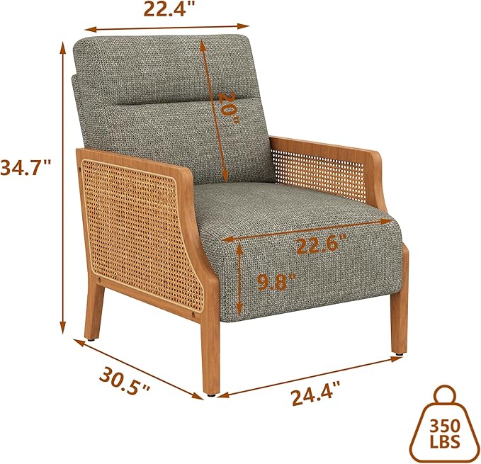 WENTMENT Modern Accent Chair Armchair with Natural Rattan Armrest Upholstered Living Room Chair Comfy Single Sofa Chair for Hosting Room/Bedroom Grey