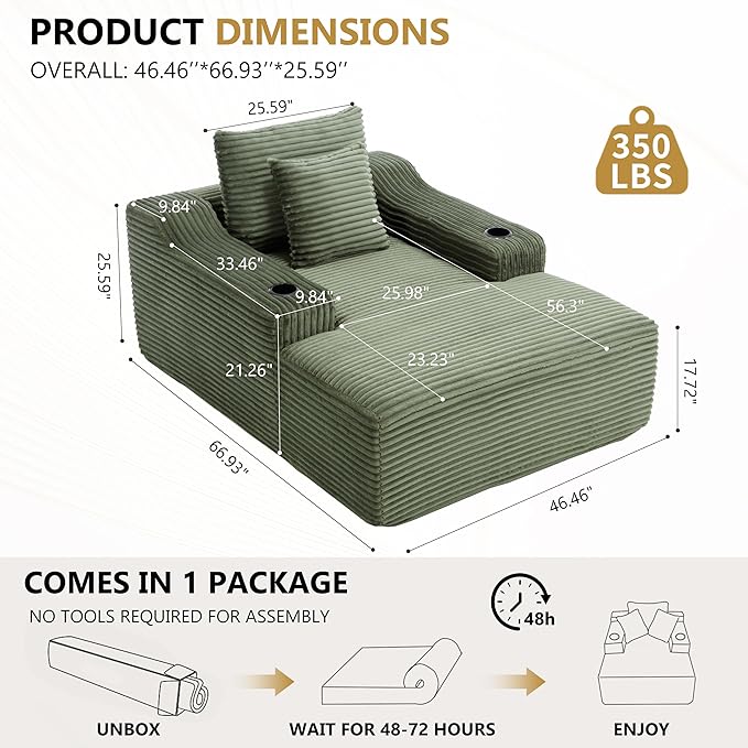 PELUMY 67 Oversized Chaise Lounge Sofa Bed Corduroy Boneless Sleeper Sofa with 2 Pillows &amp 2 Cup Holders Plush Cloud Couch for Living Room No Assembly Required (Green)
