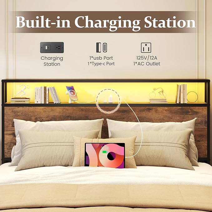 Lifezone Full Bed Frame with 2-Tier Storage Headboard Metal Bed Frame with Storage Drawers &amp Built-in Charging Station &amp LED Noise-Free No Box Spring Needed Easy Assembly Retro Brown