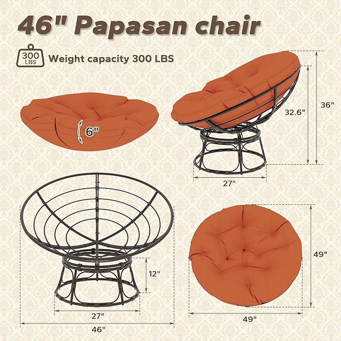 46'' Large Size Papasan Chair (Non-Swivel) with Cushion and Frame Round Lazy Chair for Living Room and Bedroom Orange