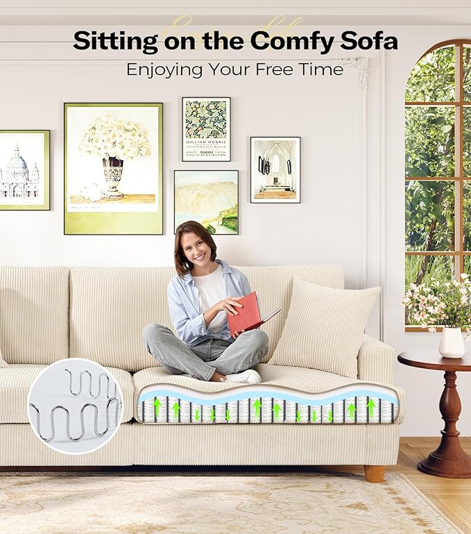 87in Corduroy Couch Kidirect Sofa No Tool Assembly Comfy Couches for Living Room 21in Deeper Seats Corduroy Sofas for Living Room with 2 Pillows Oversized Loveseat Sofa Boho Love Seat Beige Couch