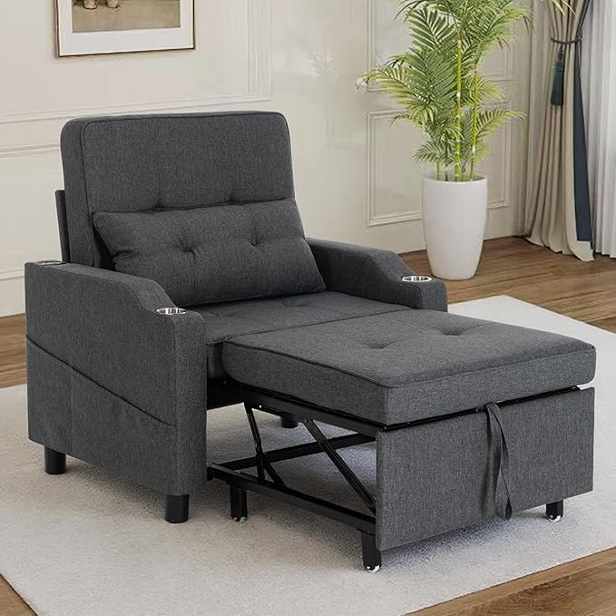 Sleeper ChairSingle Armchair Sofa with PillowAdjustable Backrest Recliner Sofa Modern Pull Out Couch Bed with USB Port Cup Holder Side Pocket for Living Room Bedroom(Dark Grey)