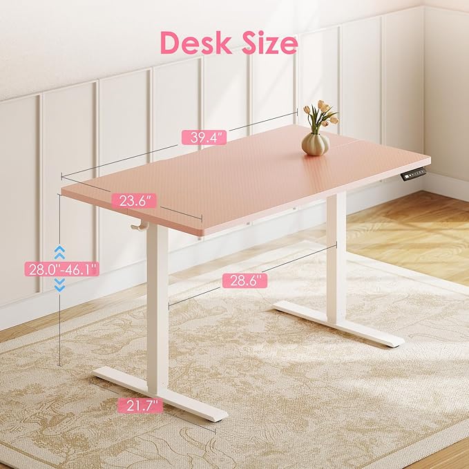 OffiGo Electric Height Adjustable Standing Desk 40 Inch Pink Computer Desk for Women Girls Sit Stand Table for Home Office Bedroom