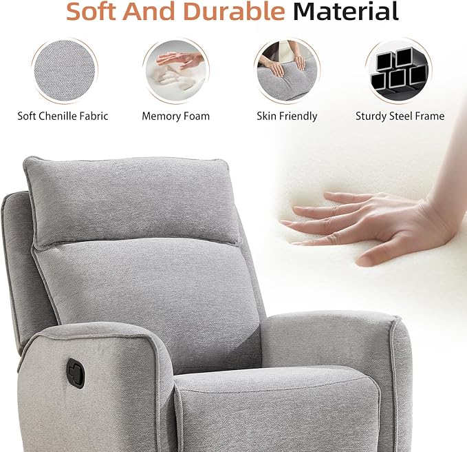 INZOY Nursing Rocking Chair Recliner Swivel Rocker Recliner Swivel Glider Rocking Recliners with Soft Backrest Chenille Fabric Manual Reclining Sofa for Living Room Bedroom Apartment Grey