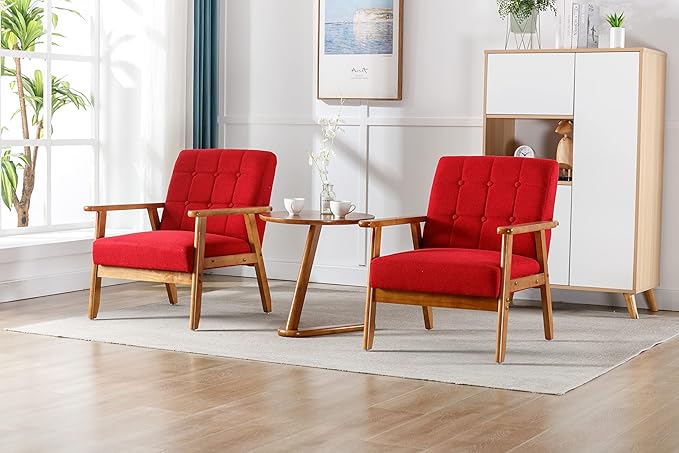Accent Chairs Set of 2 with Side Table Mid Century Modern Accent Chair Wood and Fabric Armchairs Side Chair Lounge Reading Comfy Arm Chair for Living Room Bedroom Office