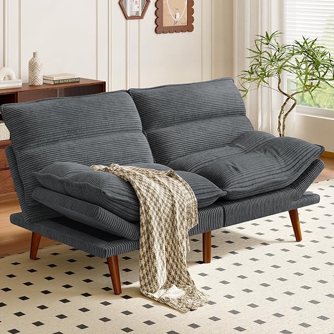 Amada Convertible Futon Sofa Bed - Corduroy Loveseat with Adjustable Backrest &amp Armrests Thickened Seat Cushion Small Space Sleeper Couch for Apartment Study Room &amp Office（Charcoal Gray66