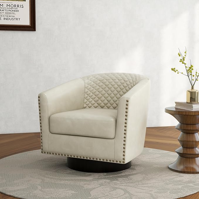 Swivel Barrel Accent Chair Comfy Modern Upholstered Round Faux Leather Arm Chair for Living Room Bedroom（Beige Set of 2