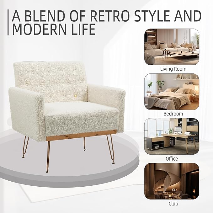 Accent Chair for Living Room Comfy Oversized Velvet Upholstered Arm Chairs Mid Century Modern Reading Single Sofa Side Chair with Tufted Back and Gold Legs for Bedroom (1 Teddy White)