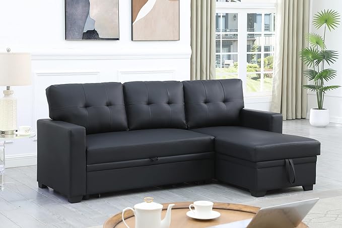 ERYE 82-inch Pull Out Sleeper Couch Bed L-Shaped Reversible Sleeper Sectional Sofa Faux Leather Tufted Upholstered Corner Convertible Sofa Bed with Storage Chaise