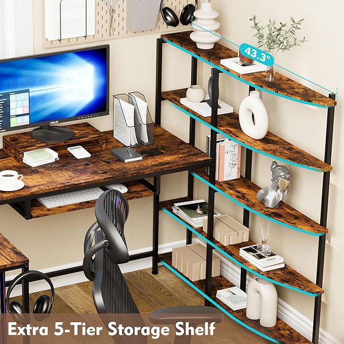 SUNLEI Home Office Desk 63 inch Writing &amp Gaming Workstation with 5 Tire Simple Assembly Steel Frame Rustic Brown