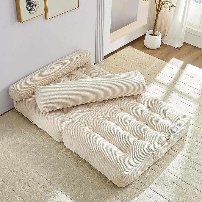 ijuicy 50 W Folding Sofa BedCorduroy Futon Sofa Bed Convertible Sleeper Chair with Pillow Foldable Mattress with Back Support Floor Couch for Adults for Living RoomNo Assembly（Beige/Full）