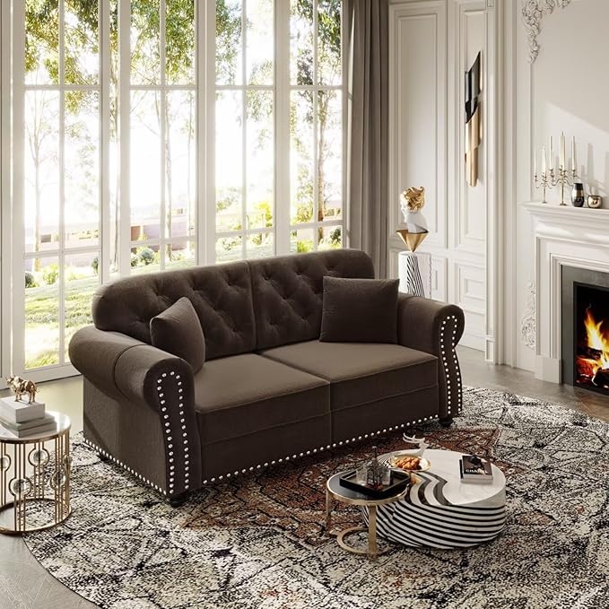 63 Velvet Chesterfield Sofa with Rolled Arms &amp Nailhead Trim Tufted Mid-Century Modern Couch for Living Room Includes 2 Pillows Brown Upholstered Sectional Sofa with 2 Ottomans