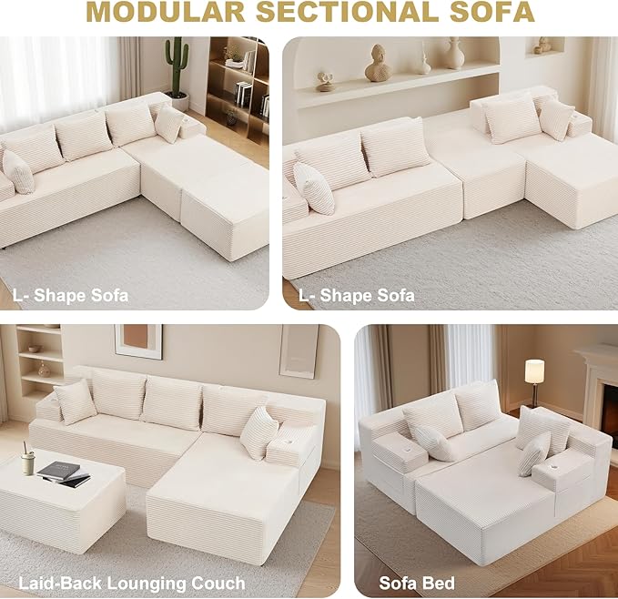 Boneless Couch Cloud Modular Sectional Sofa Modern Convertible L Shaped 3 Seat Deep Seat Boneless Couches with 5 Pillows for Living Room Apartment (Beige Right Facing Chaise+Ottoman)
