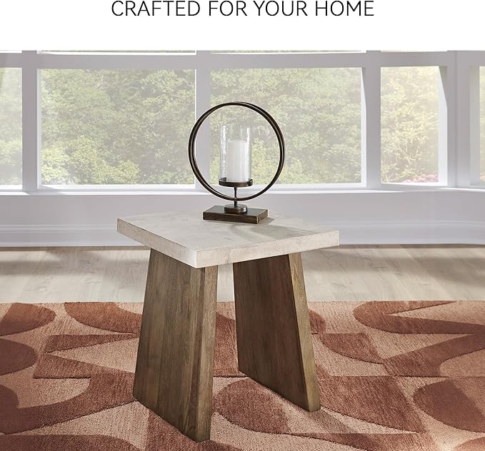 Signature Design by Ashley Brendalhouse Casual End Table with Faux Cement Top and Double Plinth Base Solid Mango Wood Melamine Laminate Casually Cool Design Light Brown &amp White