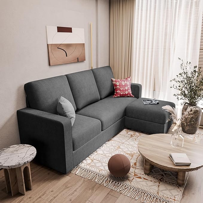 JUMMICO Convertible Sectional Sofa Couch Fabric L-Shaped Sofa with 3 Seats Removable Ottoman Small Sofa for Small Apartments Living Rooms and Offices (Deep Grey)