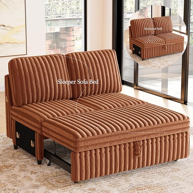 Belffin Corduroy Sleeper Sofa with Pull Out Bed Module Loveseat with Pullout Bed for Sectional Sofa Couch Brick Red Couch