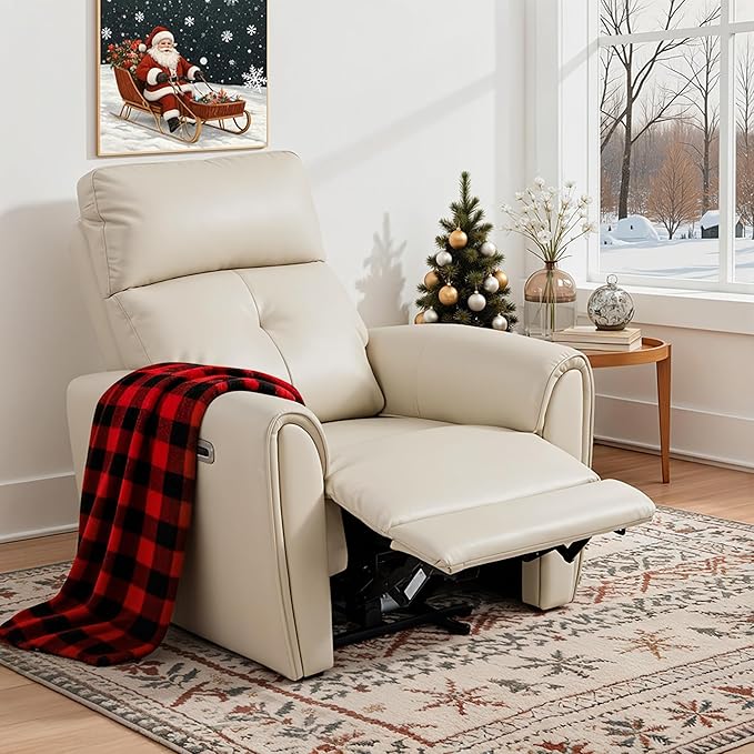 MCombo Power Small Recliners for Small Spaces Living Room RVs Modern Style Zero Wall Hugger Recliners Chair with Lumbar Support USB&ampCharging Ports FSC Certified Faux Leather PR699 (Beige)