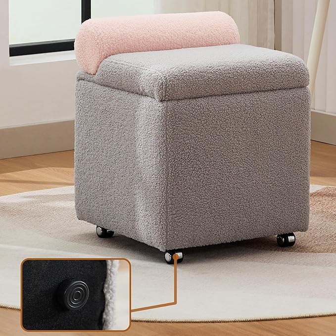 Boucle Vanity Chair with Storage Swivel Makeup Vanity Chair with Wheels &amp Safety Hinge Upholstered Vanity Stool Ottoman for Bedroom Dressing Room Grey