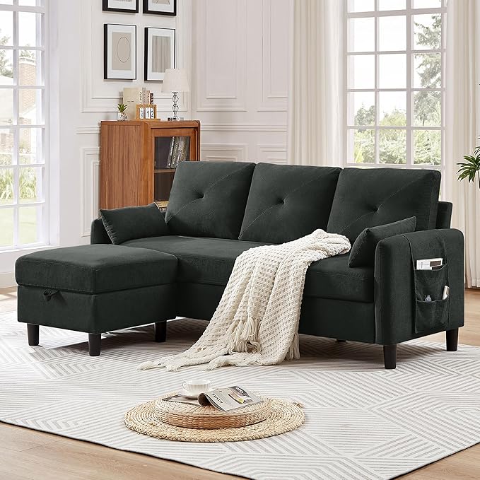 77 Convertible Sectional Couches 3 Seat L Shaped Couch Sofa with Storage Chaise &amp Removable Pillows Linen Fabric Small Couch Mid Century for Living Room Apartment and Office Black