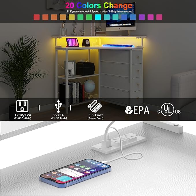 Corner Desk with Drawers Shelves for Small Space 90 Degrees Triangle Computer Desk with Power OutletsGaming Desk with LED Lights Monitor Stand for Home Office Workstation Writing Table (White)