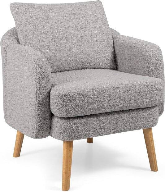 Giantex Sherpa Accent Chair Modern Upholstered Single Sofa Chair with Back Pillow &amp Solid Rubber Wood Legs Teddy Barrel Arm Chair for Reading Living Room Bedroom Office Grey