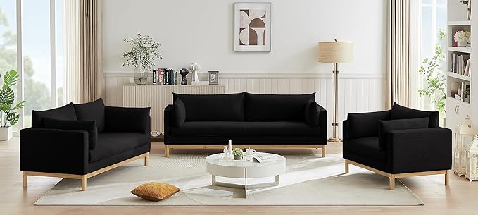 Meridian Furniture 157Black-L Langham Collection Mid-Century Modern Linen Textured Fabric Upholstered Loveseat Black Linen Textured Fabric Natural Finish Wood Base 66 W x 33.5 D x 33 H Black