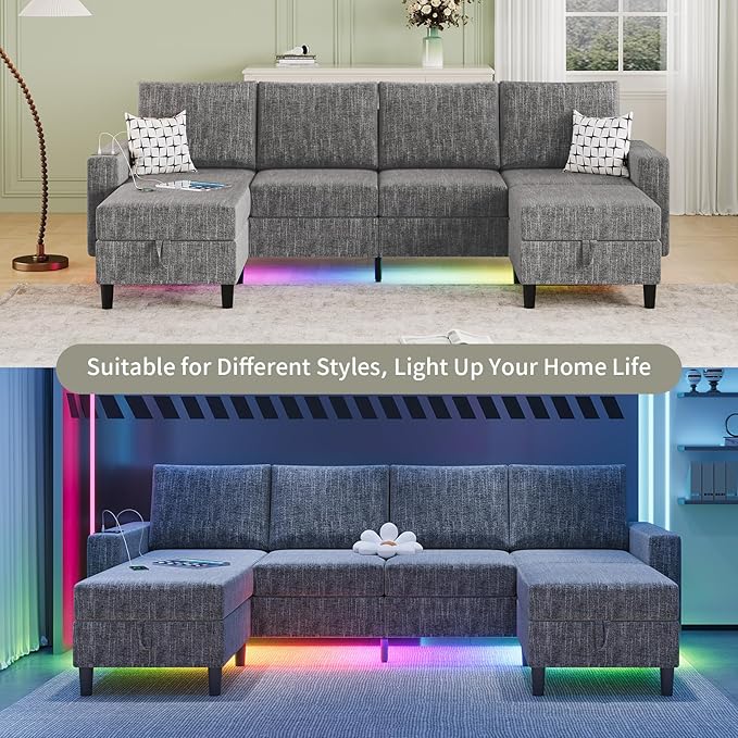 Sectional Couches for Living Room 6-Seats Soft Linen Fabric Sectional Sofa with Storage Ottoman Modern Convertible U/L Shaped Couch with Smart Charging Module/LED Light/Music Sync (Light Grey)