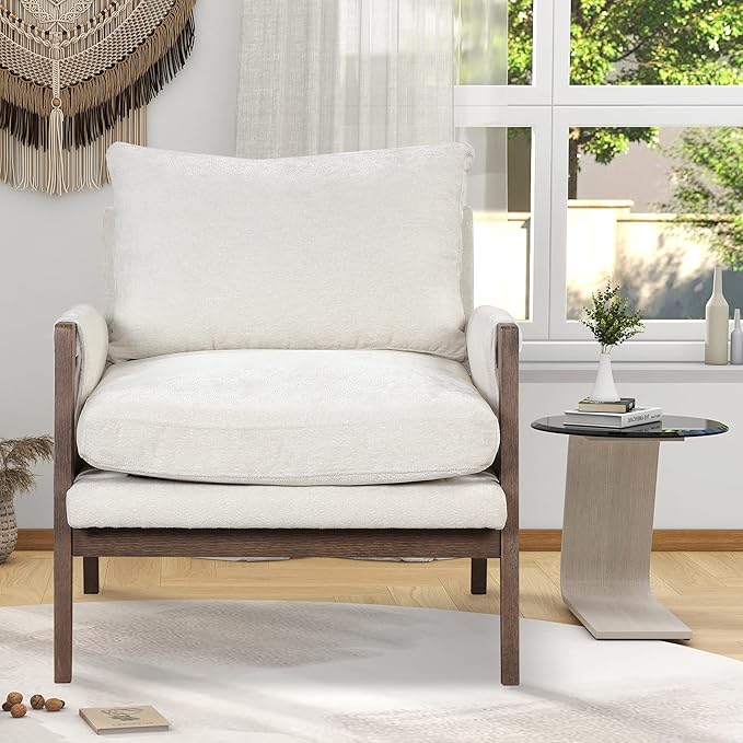 Modern Velvet Accent ChairMid-Century Leisure Chair with Solid Wood and Thick Seat Cushion Living Room Chair for Bedroom Studio Balcony or Club (White/Velvet)