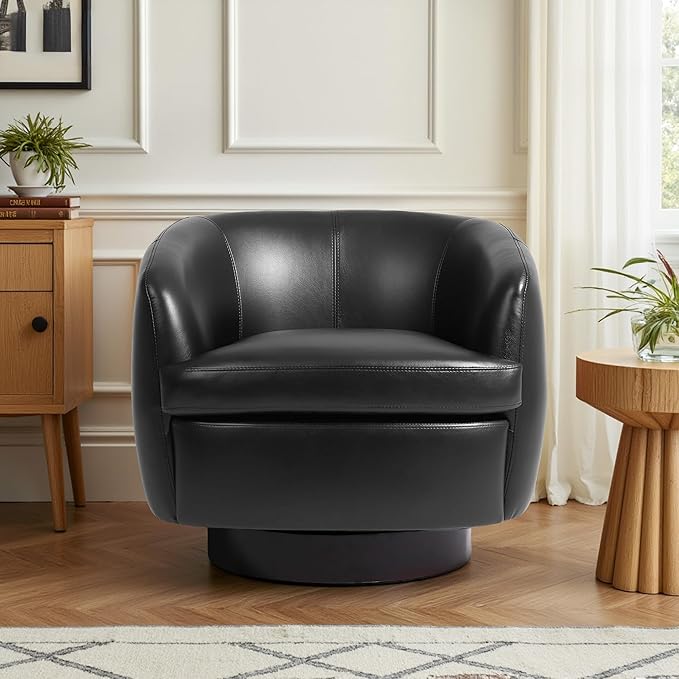 Swivel Barrel Accent Chair Comfy Modern Upholstered Round Faux Leather Reading Arm Chair for Living Room Bedroom (Black Set of 2)