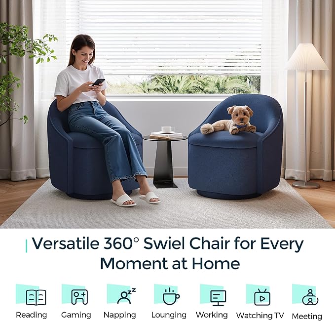 LINSY Swivel Accent Chair with Storage Comfy Chenille Barrel Chairs Small 360 Swivel Modern Armchair for Living Room Bedroom Boucle Reading Chair for Study Room (Blue)