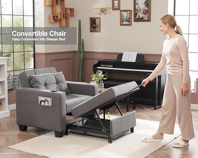 DURASPACE Pull Out Sofa Bed 3-in-1 Convertible Sofa Sleeper Chair Bed with USB Cup Holder Adjustable Armchair Beds for Small Spaces Apartment Living Room Office (Dark Gray Linen)