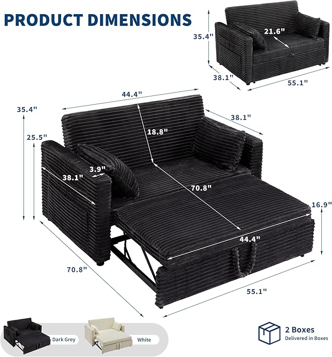 Loveseat Sleeper Sofa Bed 55'' Pull Out Couch with Adjustable Backrest Charging Station and Side Pockets Corduroy Couches for Living Room Bedroom and Apartment Dark Grey