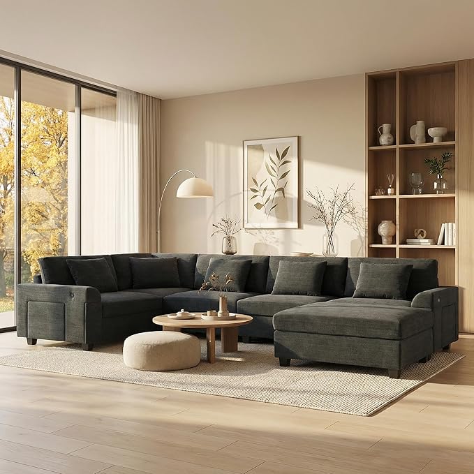 128*67 U Shaped Sectional Sofa 6 Seat Chenille Couch Set with Oversized Ottoman Hidden Armrest Storage and Cup Holders USB Charging Ports Wide Seat Sofa for Living Room Apartment Black