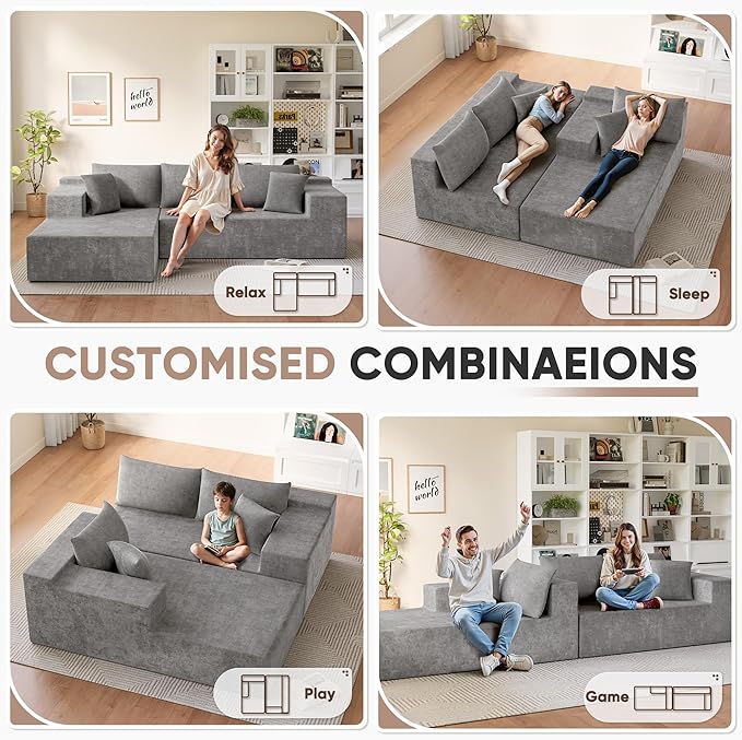 Homall 108 Modular Sectional Sofa Boneless Couch with L-Shape Chaise Cloud Couch with Deep Seat Upholstered No Assembly Required for Living Room Bedroom (Chenille Grey)