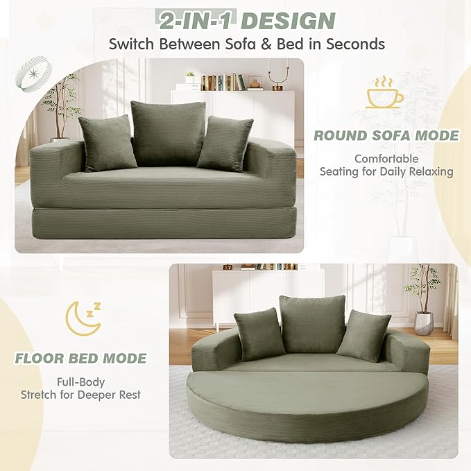 TTK 67” Oversized Round Sofa Bed 2 in 1 Convertible Circle Bed Folding Futon Lazy Floor Round Chaise Lounge Chair Comfy Corduroy Boneless Loveseat Couch for Living Room Apartment No Assembly (Green)