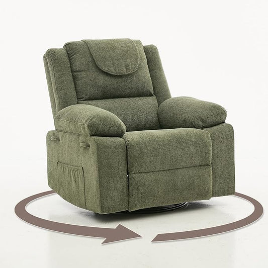 Oversized Massage Rocker Recliner Chair for Adults360° Swivel Rock Recliner Chairs Single Sofa with Vibration Massage and HeatingSide Pocket for Living Room/BedroomGreen