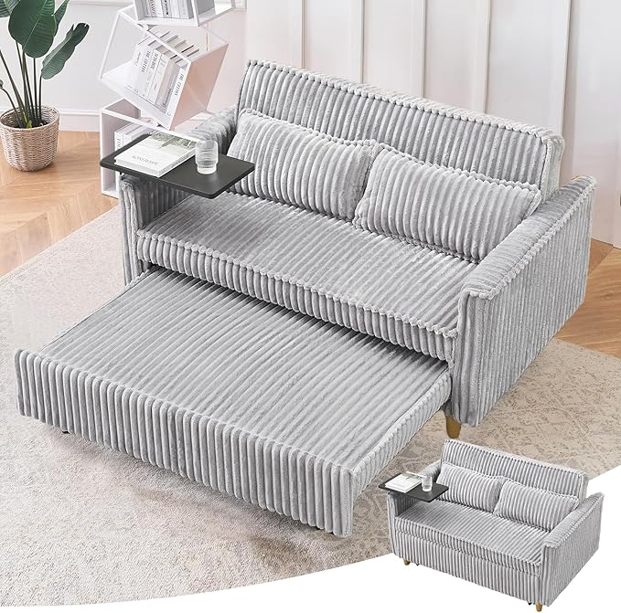 3 in 1 Pull Out CouchCorduroy Upholstered Convertible Sleeper Sofa Bed with Movable Side Table Modern Multifunctional Sofa with USB Port Cushioned Couch for Living Room (Gray)