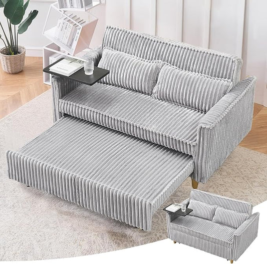 3 in 1 Pull Out CouchCorduroy Upholstered Convertible Sleeper Sofa Bed with Movable Side Table Modern Multifunctional Sofa with USB Port Cushioned Couch for Living Room (Gray)